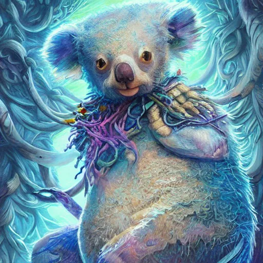 Image similar to sea koala colorful, fantasy, intricate, highly detailed, digital painting, hq, trending on artstation, illustration, style of stanley artgerm and greg rutkowski and dan mumford