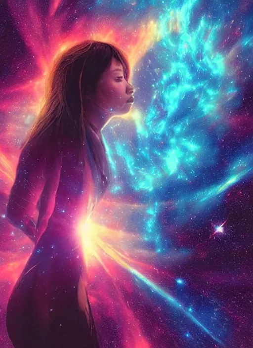 Prompt: futuristic space portrait of a woman,((shigeto koyama!!)),(((((jean giraud))))),space nebula background!!!!!!!, ((((((narumi kakinouchi)))))), bright vibrant colors, beautiful, rule of thirds, gradation, cosmic