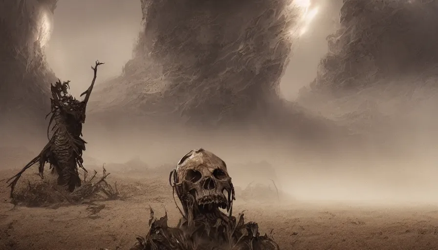 Image similar to a vast wasteland, 1 colossal skull half covered in dust and sand, overgrown with plants, dried leaves, cinematic lighting, trending on artstation, national geographic photography, digital painting, elaborate matte painting