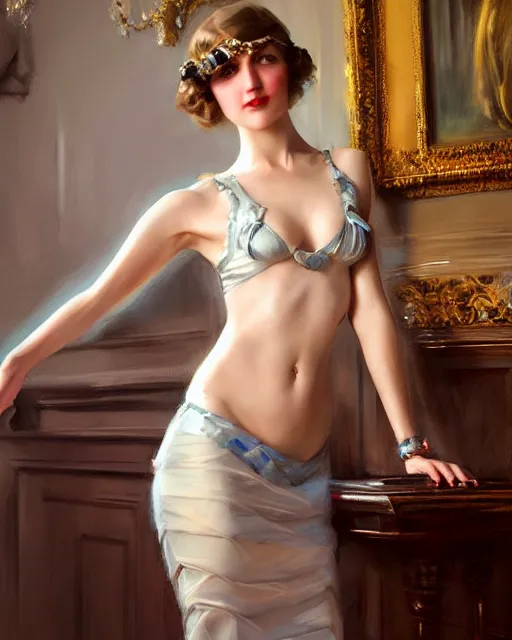 Image similar to daniel gerhartz and artgerm portrait digital realist painting of a 1 9 2 0 s beautiful woman at a party in a mansion, mansion interior in the background, unreal engine, hyper realism, realistic shading, cinematic composition, realistic render, octane render, detailed textures, photorealistic, ultrawide shot, 3 5 mm film