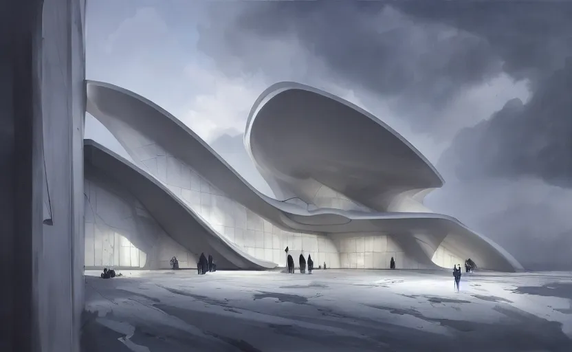 Image similar to a wide angle exterior shot of a white architecture designed by zaha hadid and peter zumthor, darek zabrocki, greg ruthkowski, cinematic and blue cold atmospheric, concept art, artstation, trending on artstation