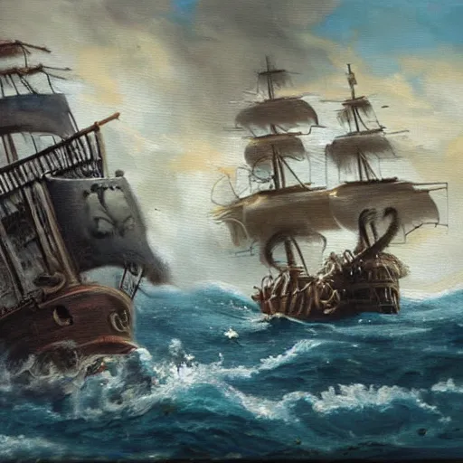 Image similar to oil painting of a kraken attacking a pirate ship