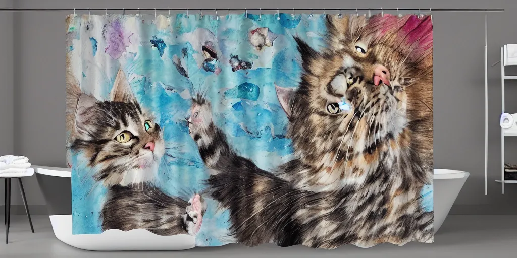 Prompt: shower curtain product catalog. on the curtain is a watercolor with ink under drawing of a cat toy being chased by a maine coon kitten. wide - angle product photography, product lighting. 4 k, highly detailed. saturated.