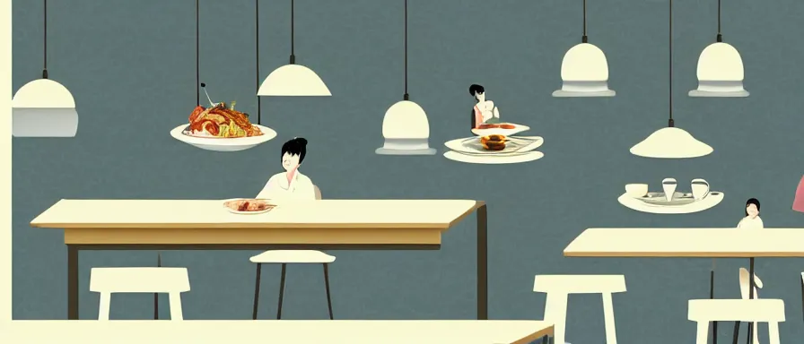 Image similar to a beautiful interior view illustration of a small roasted string hotpot restaurant in yan'an city, wall corner, restaurant wall paper is tower amd mountain, rectangle white porcelain table, people are eating, black chair, animation illustrative style, from china, simple style structure decoration design, victo ngai, james jean, 4 k hd