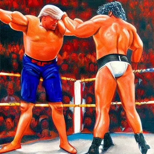 Image similar to Oil painting of buff Donald Trump wrestling in the WWF