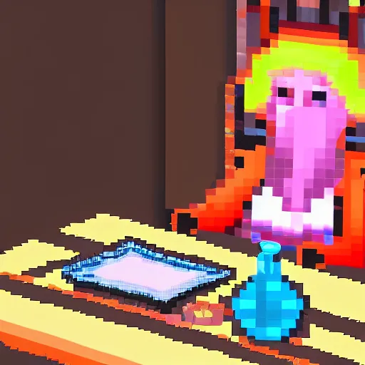 Image similar to pixel art, close up, gypsy woman sits at a wooden table, on the table are flasks of glowing liquids