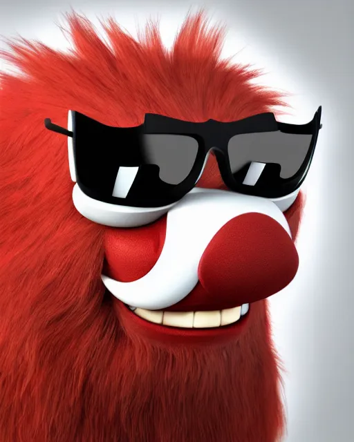 Prompt: 3 d render of completely red hairy friendly antropomorphic cartoony creature wearing chrome shades, full body, simple, cute, white background, unreal engine 5 hdr