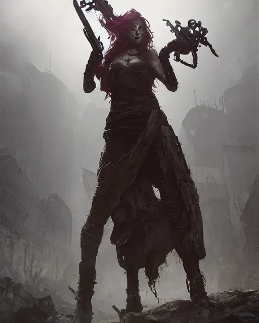 Prompt: hyper realistic photo of postapocalyptic sorceress, full body, horror, cinematic, artstation, cgsociety, greg rutkowski, james gurney, mignola, craig mullins, brom