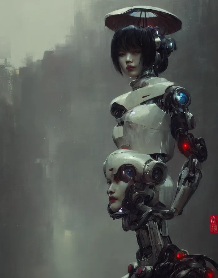 Image similar to portrait of a geisha robot by greg rutkowski and ruan jia, mecha, washed colors, dark, gloomy, matte painting, unreal engine 5