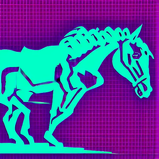 Image similar to A synthwave horse inspired by Tron. Trending on Artstation. Digital screenshot. Faded film grain. 1980s Computer Graphics.