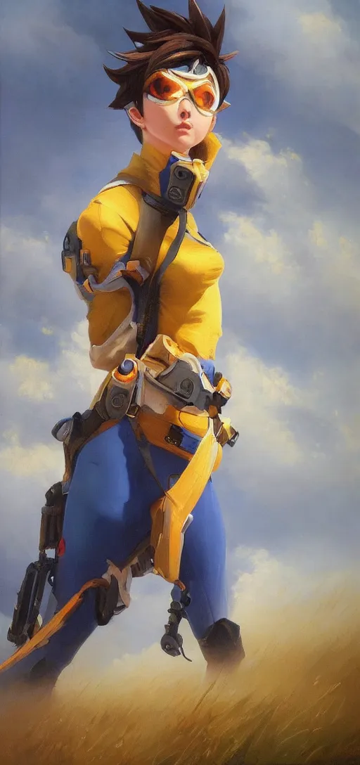 Image similar to oil painting of tracer overwatch in a field wearing blue uniform, in style of ivan aivazovsky, expressive face, detailed face, detailed eyes, full body, feminine face, tracer overwatch,