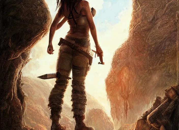 Prompt: face portrait of concentrated young Sandra Bullock as Lara Croft with pig-tails entering an incredible epic ruin, glorious sun beams, intricate, elegant, highly detailed, digital painting, short focus, illustration, Allan Lee, John Howe