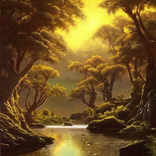 Image similar to large landscapes from another world, beautiful painting, very detailed fauna and flora, enhance lighting