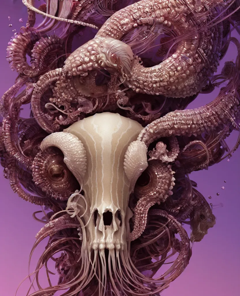 Image similar to goddess close-up portrait ram skull. jellyfish phoenix head, nautilus, orchid, ram skull, betta fish, bioluminiscent creatures, intricate artwork by Tooth Wu and wlop and beeple. octane render, trending on artstation, greg rutkowski very coherent symmetrical artwork. cinematic, hyper realism, high detail, octane render, 8k