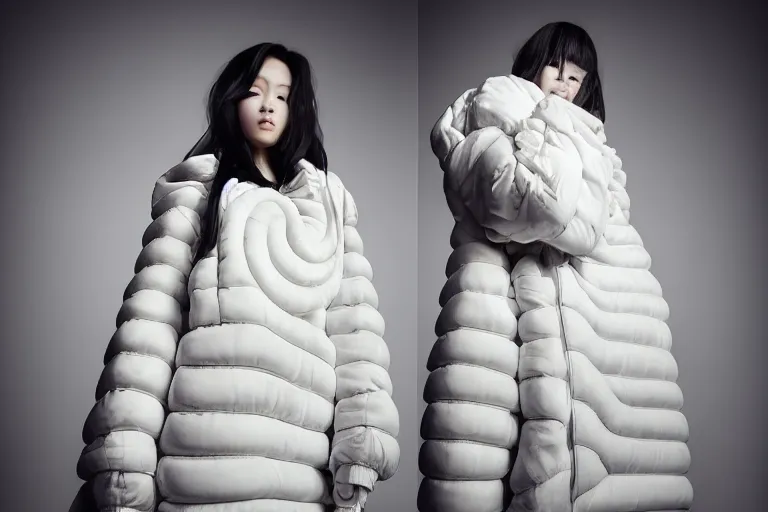 Image similar to well lit fashion shoot portrait of extremely beautiful female marble statue wearing huge over size puffer jacket by dingyun zhang, yeezy, balenciaga, vetements, a cold wall, sharp focus, clear, detailed,, cinematic, detailed, off white, glamourous, symmetrical, vogue, editorial, fashion, magazine shoot, glossy