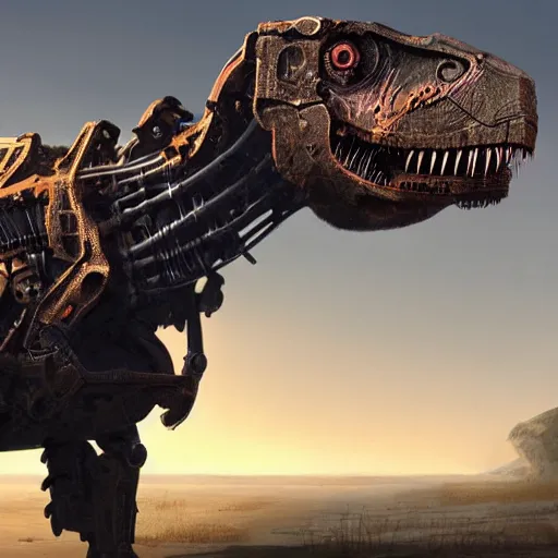 Image similar to a character art rendering of a robot T-rex made of mechanical parts, cartoonish psychedelic paleoart rendering, realistic dinosaur cyborg in the style of greg rutkowski, made with zbrush