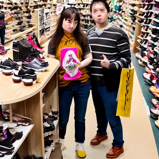 Prompt: a photograph of people badly cosplaying as animals, they have a disappointed look on their face, they are in a shoe store with long store isles, 50mm