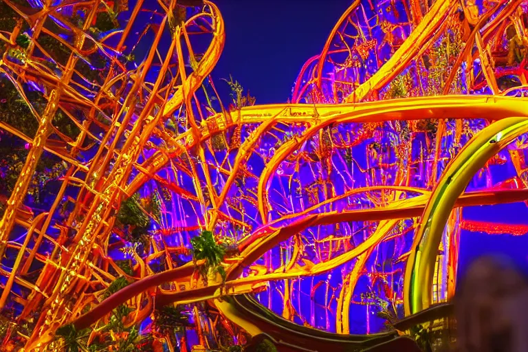 Prompt: ornated giant rollercoaster around a planet, colorful lights, botanic, 8 k resolution