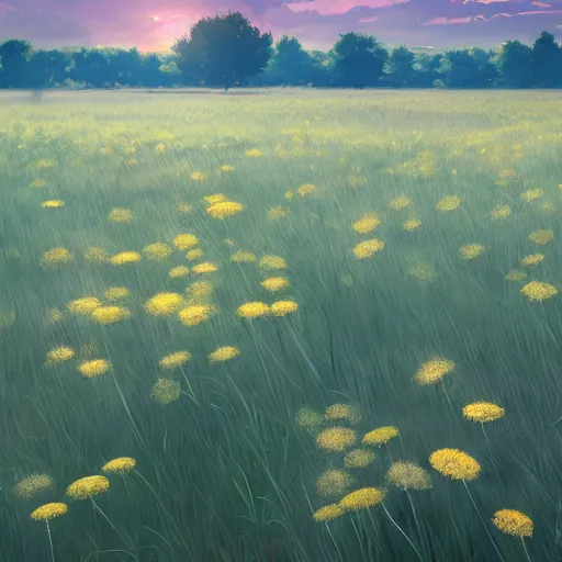 Image similar to field of dandelions. cgsociety masterpiece, artstation trending, by rossdraws, ghibli, kimi no na wa, greg rutkowski, simon stalberg, greg manchess