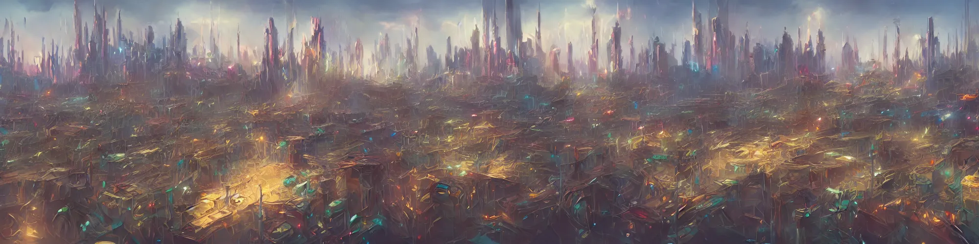 Prompt: Panorama view of cyberpunk city from the street level, art style by pete mohrbacher and artgerm