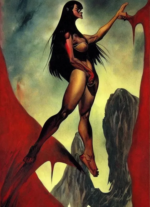 Image similar to manananggal, filipino vampire, strong line, deep color, beautiful! coherent! by frank frazetta, high contrast