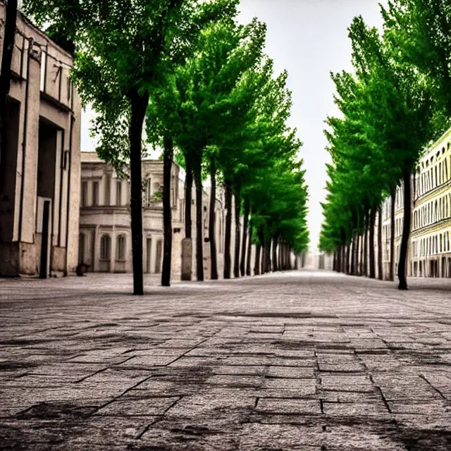 Prompt: empty street soviet city with identical soviet buildings. perfect grass lawn instead of road and instead of asphalt. no trees. cinematic