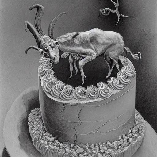 Image similar to a goat's birthday cake, from the terrifying and incomprehensible beyond, body horror, by gerard brom, zdzisław beksinski and ansel adams