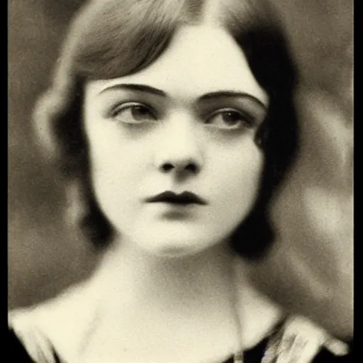 Prompt: headshot edwardian photograph of elle fanning, 1 9 2 0 s film actress, realistic face, 1 9 1 0 s, grainy, victorian, detailed, soft blur