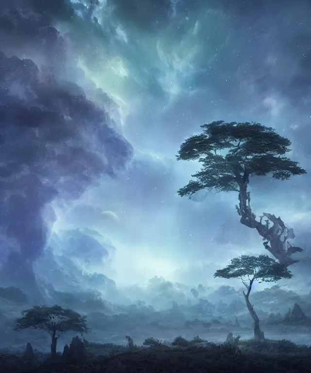 Image similar to a beautiful dreamlike terrain with large twisting trees and the nebula peeking through the sky, digital matte painting by yucong tang