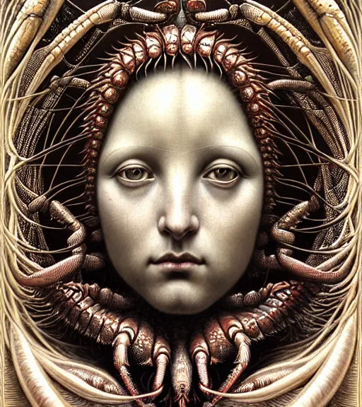 Prompt: detailed realistic beautiful lobster goddess face portrait by jean delville, gustave dore, iris van herpen and marco mazzoni, art forms of nature by ernst haeckel, art nouveau, symbolist, visionary, gothic, neo - gothic, pre - raphaelite, fractal lace, intricate alien botanicals, ai biodiversity, surreality, hyperdetailed ultrasharp octane render