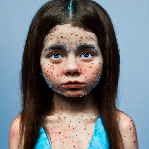 Image similar to a little blue-skinned girl with messy black hair sharp pointed ears freckles along the ridges of her cheeks, high resolution film still, 4k, HDR colors