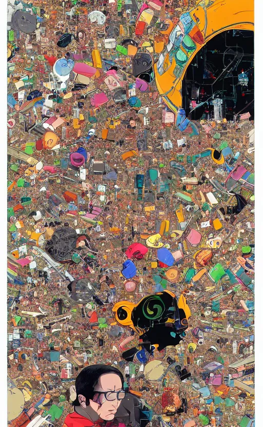 Image similar to a detailed,clear and colorful illustration of the end of human species surpressed by artificial intelligence in style of katsuhiro otomo
