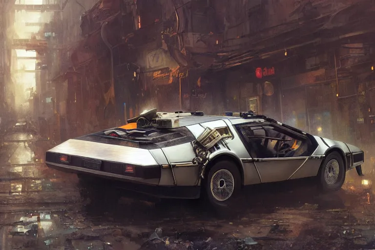 Image similar to photograph of the delorean, with a sleek spoiler, driving down the streets of a cyberpunk abandoned city, by greg rutkowski, by stanley artgerm, by alphonse mucha