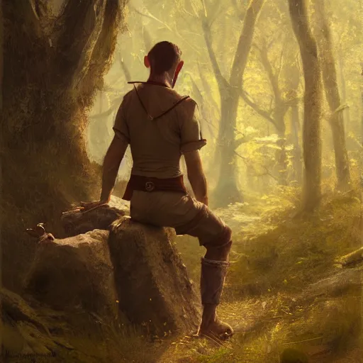 Prompt: 'portrait of the back a small male wood-elf caring for the animals in the woods, art by Greg Rutkowski, 4k'