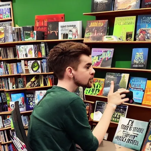 Prompt: jacksepticeye playing a video game in a bookstore