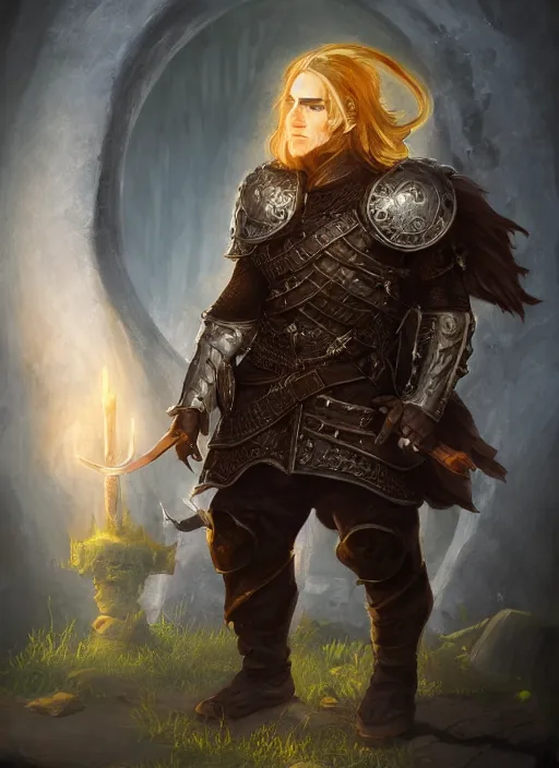 Prompt: A fantasy portrait painting of a male grim hobbit wearing leather armor in a bright castle setting, DAZ, hyperrealistic, ambient light, dynamic light, deviantart, artstation, d&d, RPG portrait, nvidia, vray