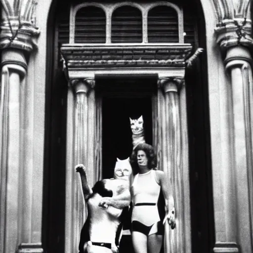 Prompt: detailed still of Ripley-Sigourney Weaver wearing a white singlet and cat Jonesy moving apartment New York City 1983, gothic building entrance way Art Deco, style of H.R. Giger, cinematic feel, high octane