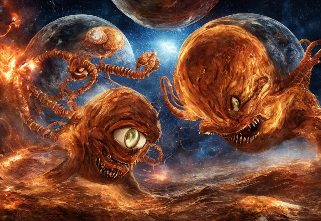 Image similar to eldritch horror bloody garfield in space, hd, 8 k, giant, epic, realistic photo, unreal engine, stars, prophecy, powerful, cinematic lighting, destroyed planet, debris, violent, sinister, ray tracing, dynamic, epic composition, dark, horrific, teeth, grotesque, monochrome drawing, hellscape, death, corpses, foreboding