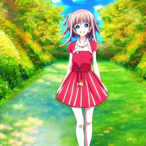 Image similar to cute art of a beautiful anime girl with colorful dress, walking on the green garden, detailed