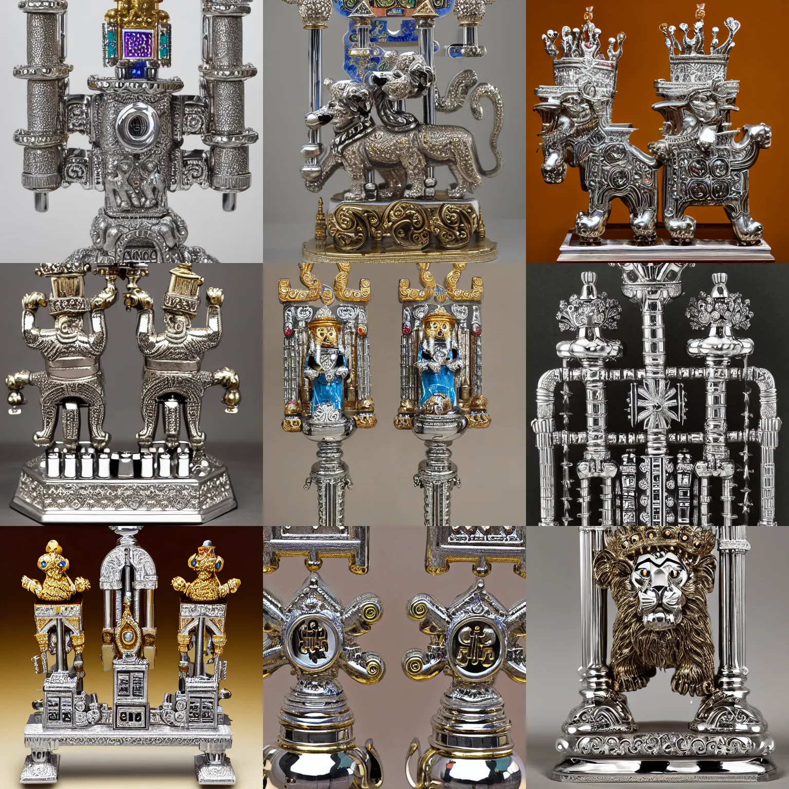 Prompt: highly detailed ornate filigreed convoluted ornamented elaborate chrome hanukkah menorah with two lions on back feet holding tablets of stone with a crown