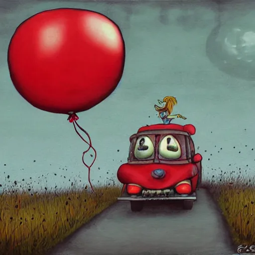 Prompt: grunge cartoon painting of the end of the road with a wide smile and a red balloon by chris leib, loony toons style, pennywise style, corpse bride style, horror theme, detailed, elegant, intricate