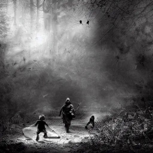 Image similar to a grave digger with remnants of angel wings is chasing a child through a creek in the woods, bad dream, hazy memory, volumetric, dark black and white in the style of alvin schwartz, epic angles