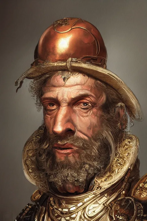 Prompt: portrait, headshot, digital painting, of a old 17th century, old cyborg merchant, amber jewels, baroque, ornate clothing, scifi, realistic, hyperdetailed, chiaroscuro, concept art, art by Franz Hals