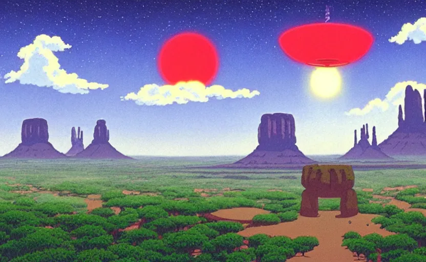 Image similar to a cell - shaded studio ghibli concept art from paprika ( 2 0 0 6 ) of a ufo shining a spotlight on a lush temple that looks like monument valley stonehenge jungle on a misty starry night. very dull colors, hd, 4 k, hq