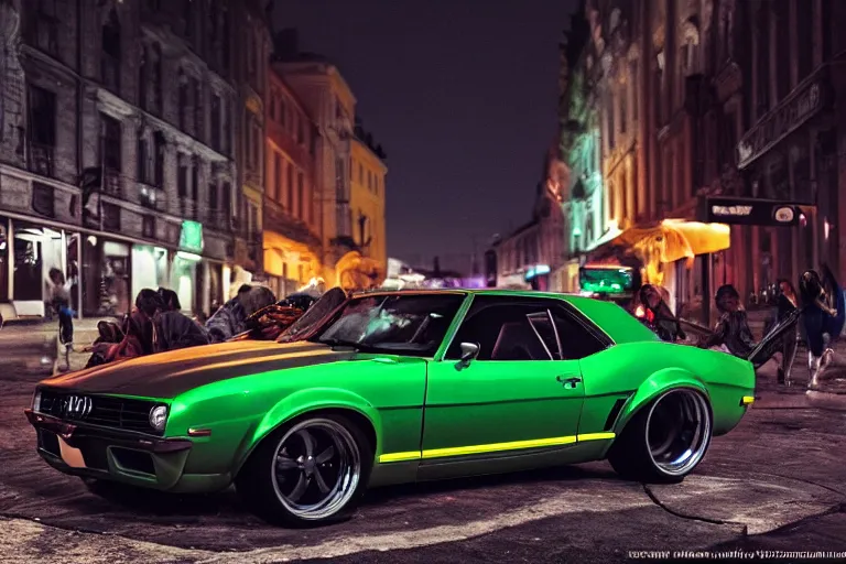 Image similar to widebody audi camaro b 1 ( 1 9 6 9 ), need for speed : carbon, at night, mild sci - fi, neon lines, lviv historic centre, phonk music background, smoke behind wheels, noise, dark, establishing shot, by simon stalenhag