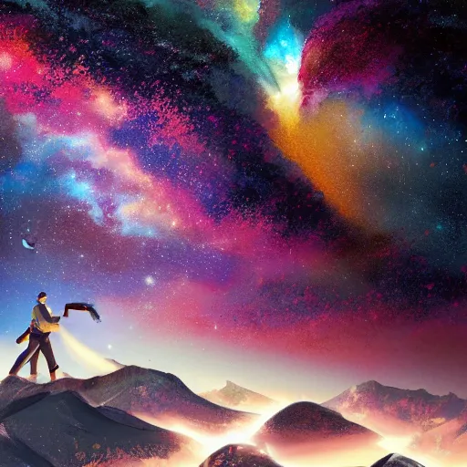 Image similar to energetic man in business suet walk on milky way, acrilic paint, digital, artstation, detailed intricate ink illustration, heavenly atmosphere, digital art, overdetailed art, concept art, complementing colors, trending on artstation, cgstudio, the most beautiful image ever created, dramatic, subtle, details, award winning artwork, beautiful scenery