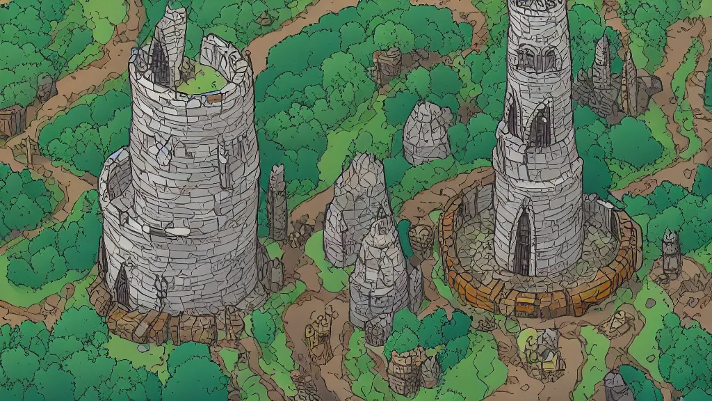 Image similar to aerial view of wizard tower surrounded by mountains, lineart, colored