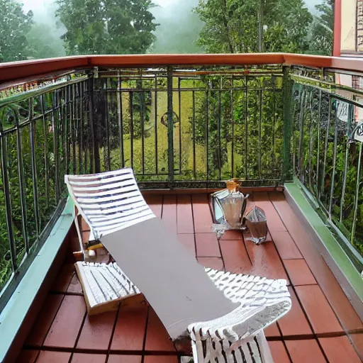 Prompt: morning coffee balcony rain peaceful relaxing