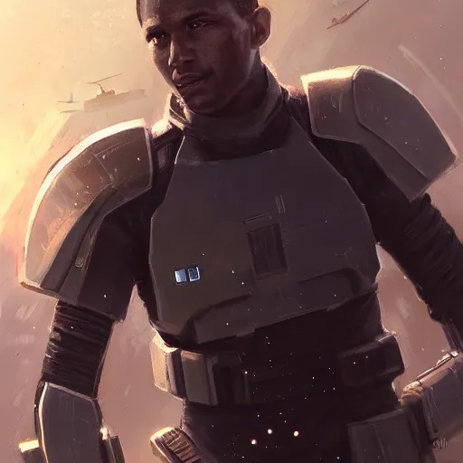 Image similar to portrait of a man by Greg Rutkowski, the grand admiral of the galactic alliance, a black man in his 20s, short hair, impeccable military composure, wearing the tactical gear of the galactic alliance, Star Wars Expanded Universe, highly detailed portrait, digital painting, artstation, concept art, smooth, sharp foccus ilustration, Artstation HQ