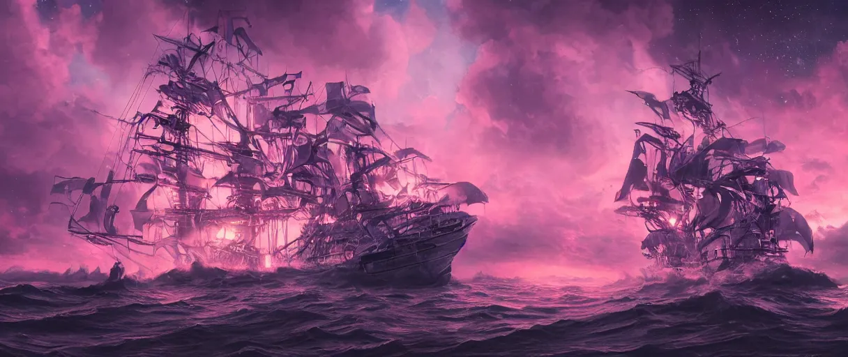 Prompt: pirate neon ship, portrait big punk, pink, mohawk, beautiful clear faces by tom bagshaw, arcteryx, space, hyperdetailed illustration, stars, neon, oil painting, rich deep colors masterpiece, ultra detailed, contrast, heaven pink, clouds, volumetric light, atmospheric lighting, dramatic, cinematic, moody, octane render 4 k, 8 k